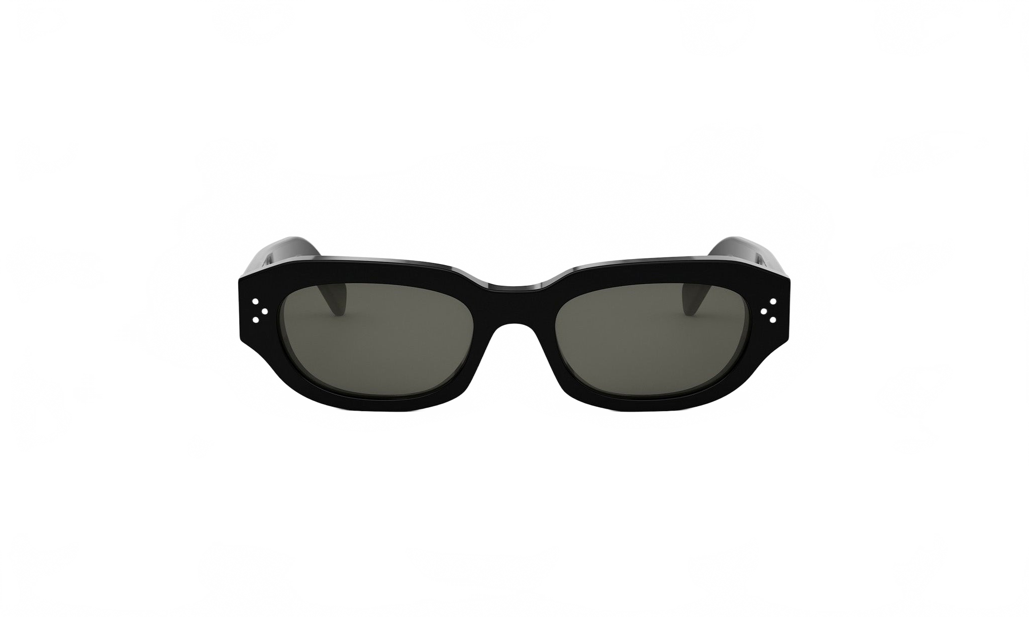 A pair of black sunglasses with dark lenses.