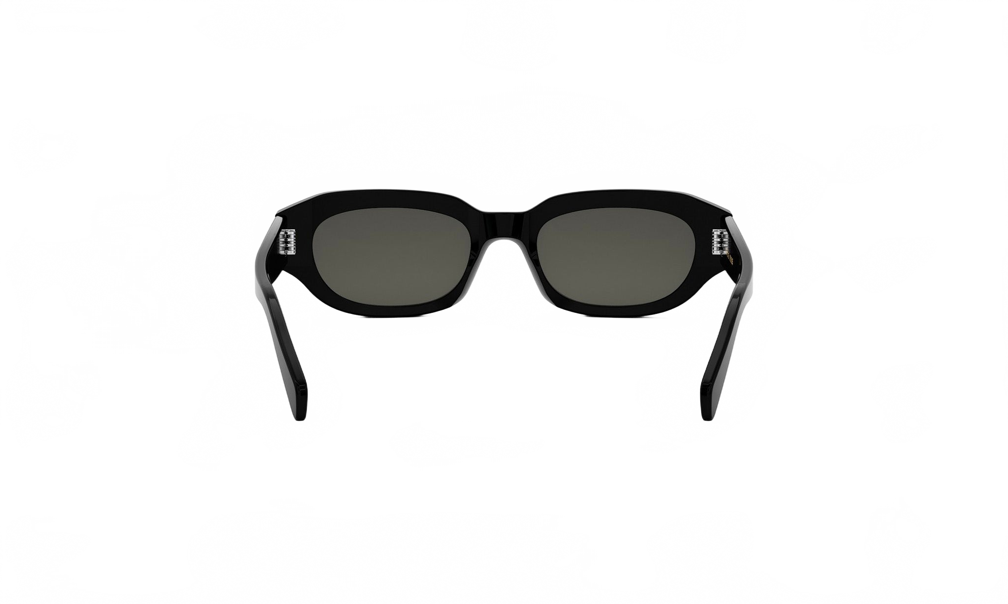 A pair of black sunglasses with dark lenses.