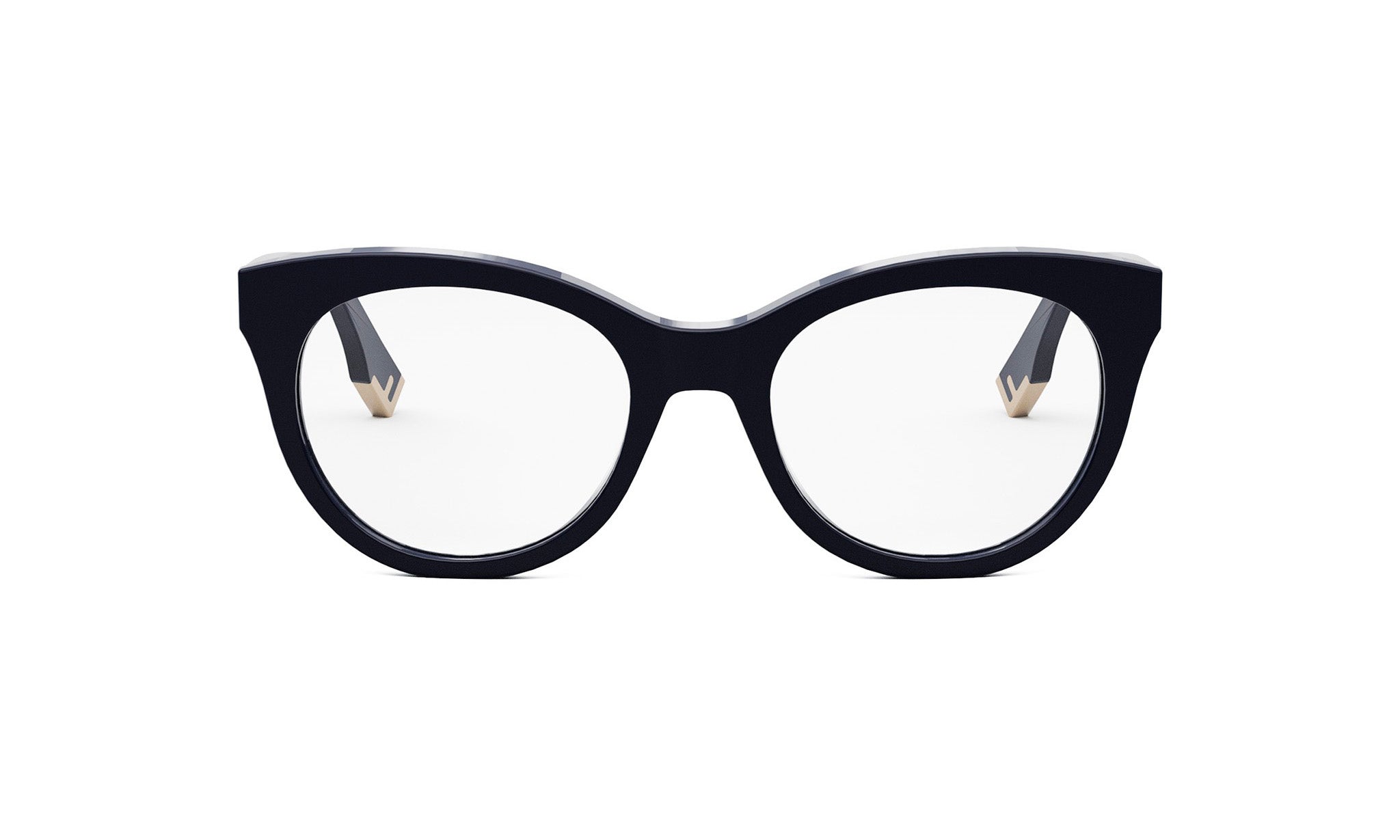A pair of black cat-eye framed glasses with gold accents.