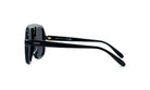 A pair of black sunglasses with the LESS THAN 500 characters logo visible.