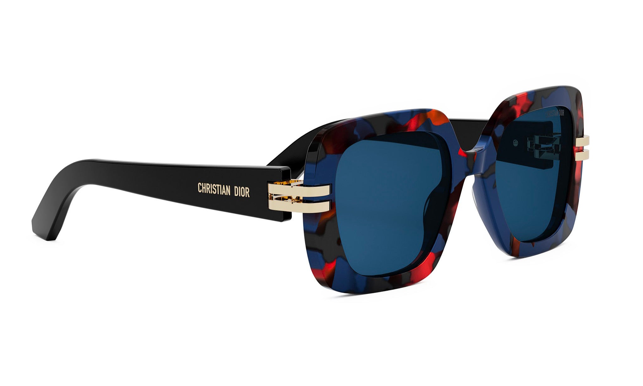 A pair of stylish sunglasses with a black frame and blue-tinted lenses.