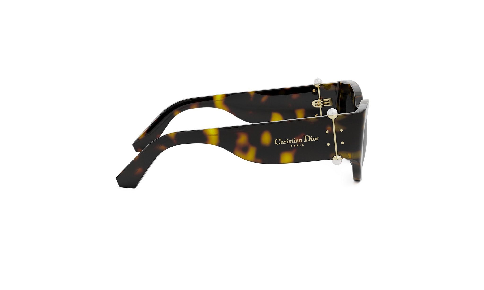 A pair of sunglasses with a tortoiseshell frame and the Christian Dior logo visible.
