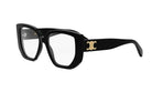A pair of black cat-eye framed glasses with a gold logo on the side.