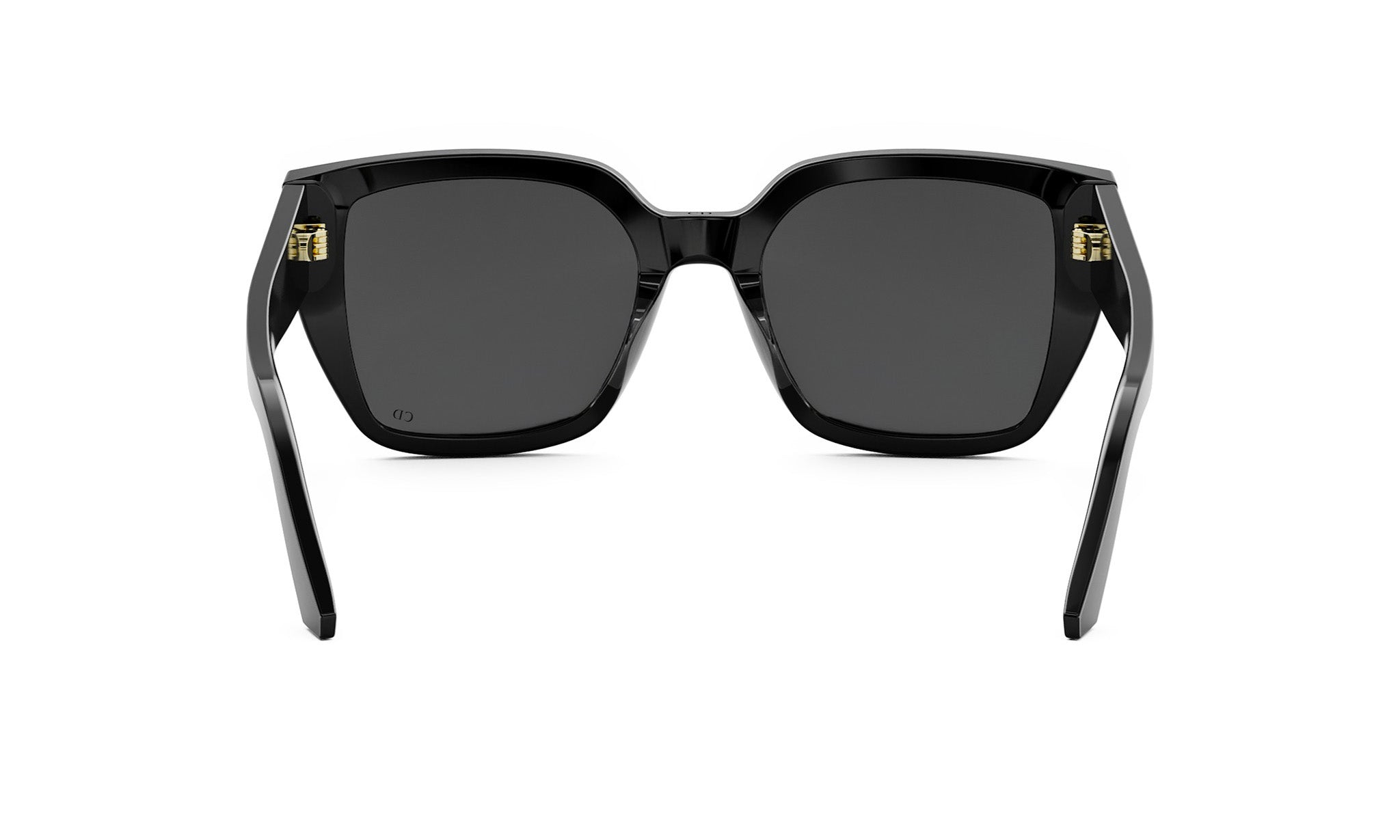 A pair of black sunglasses with dark lenses.