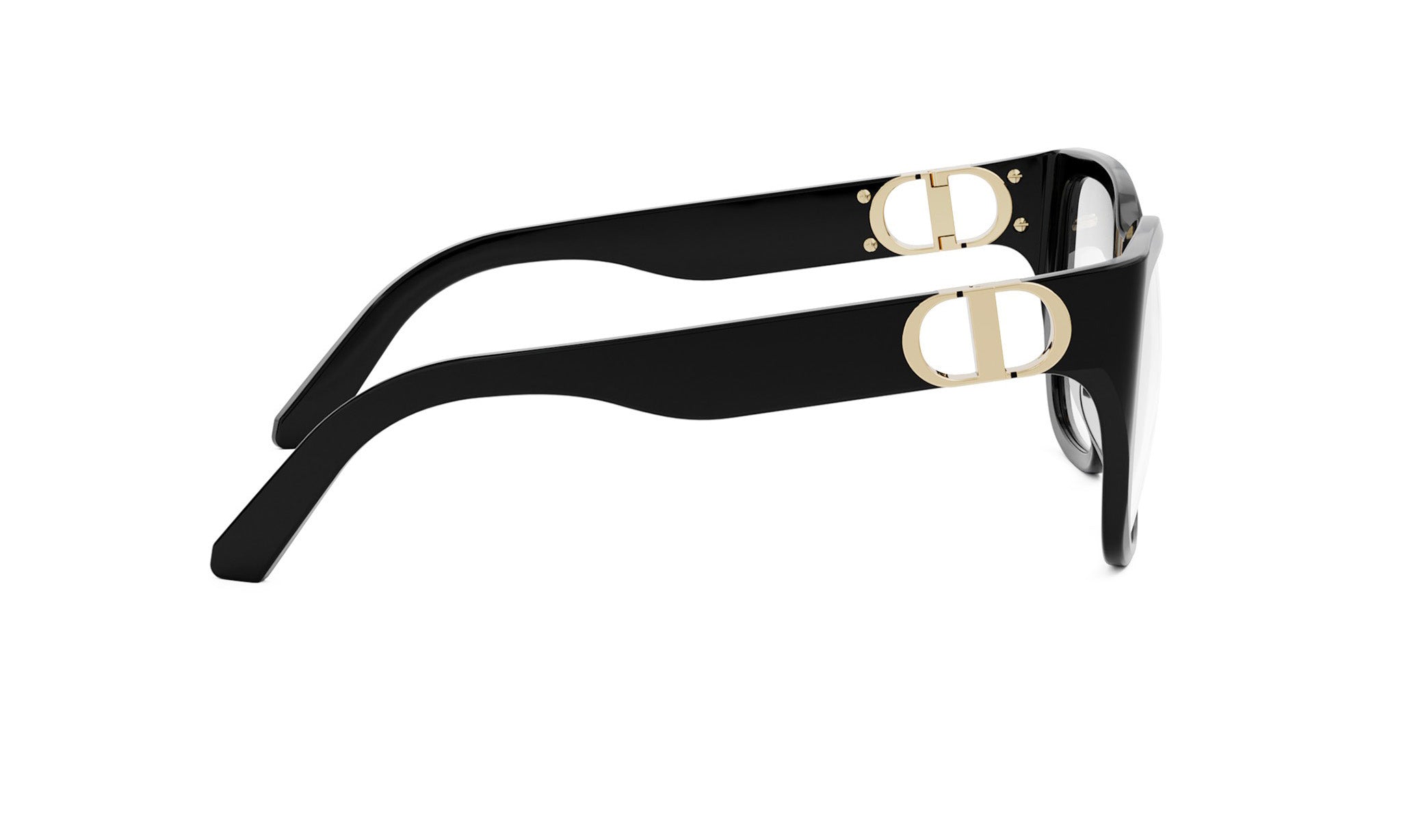 A pair of black-framed sunglasses with gold-colored Dior logos on the temples.