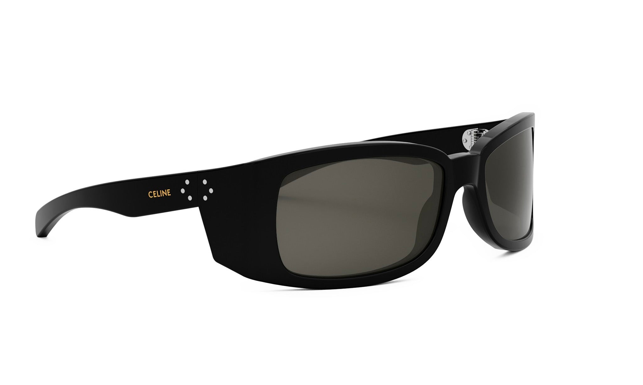 A pair of black sunglasses with dark lenses.