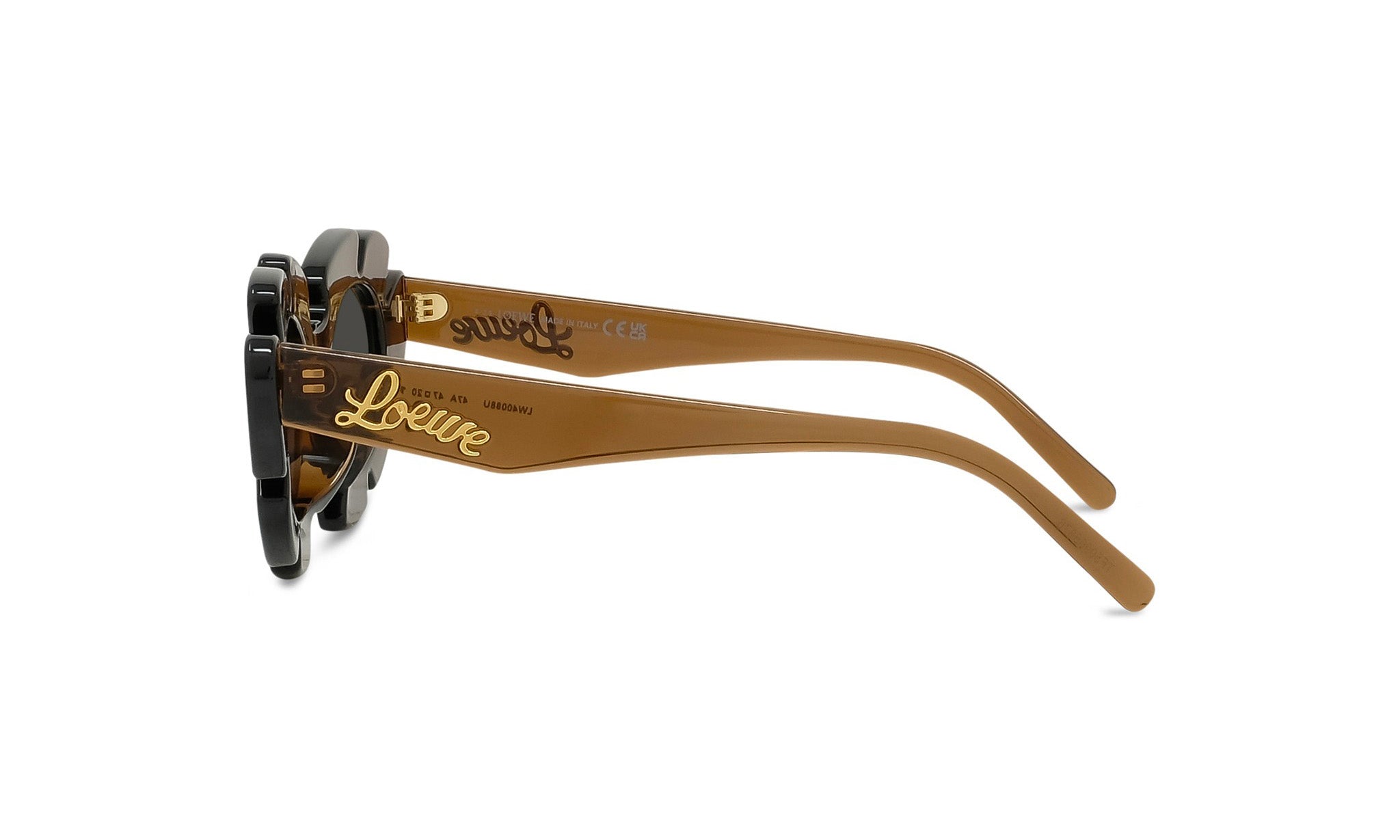 A pair of brown sunglasses with a gold-colored frame and the word "Lévy" printed on them.