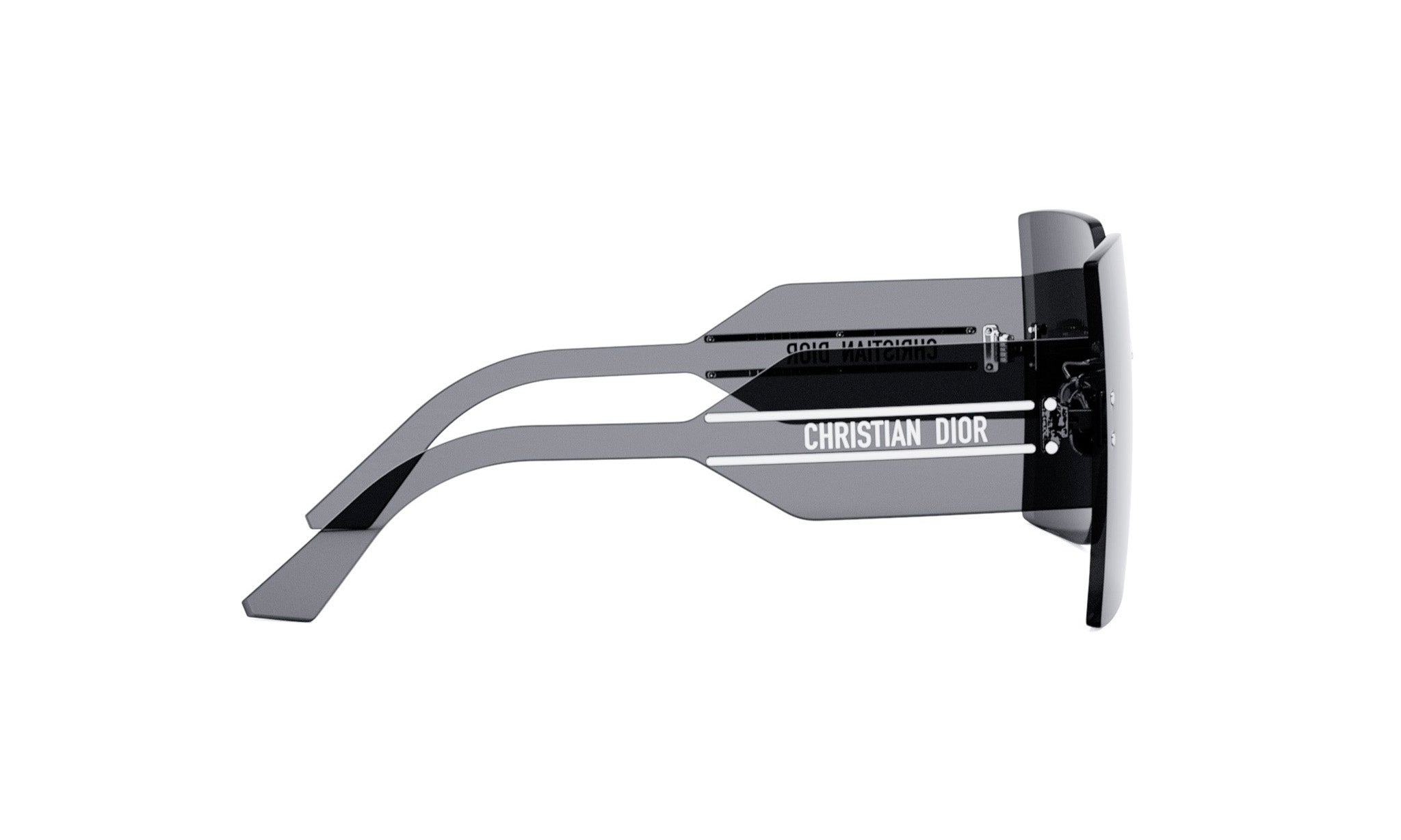 A pair of black sunglasses with the brand name "Christian Dior" printed on the frame.
