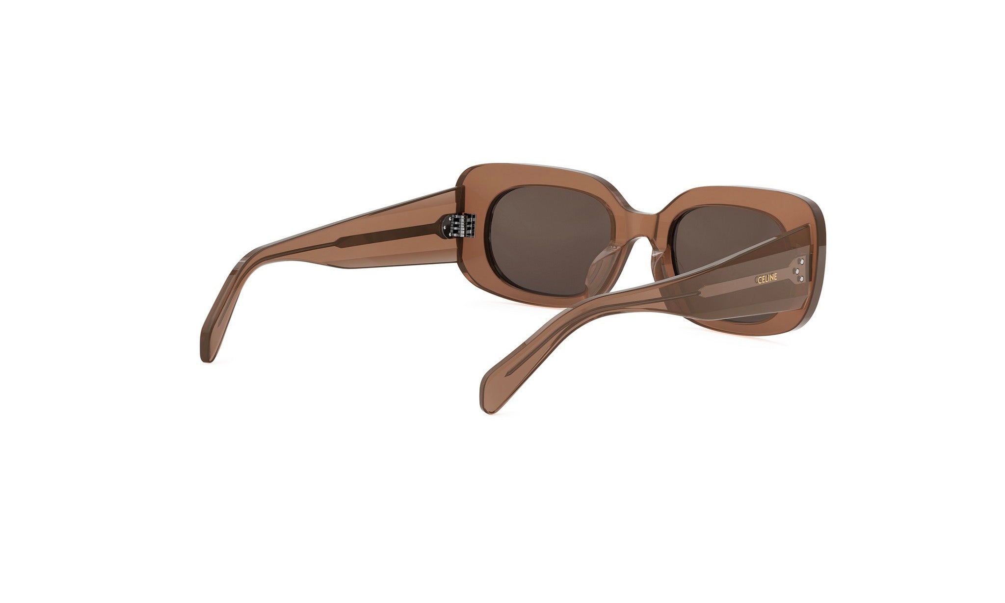 A pair of brown sunglasses with a dark frame and dark lenses.