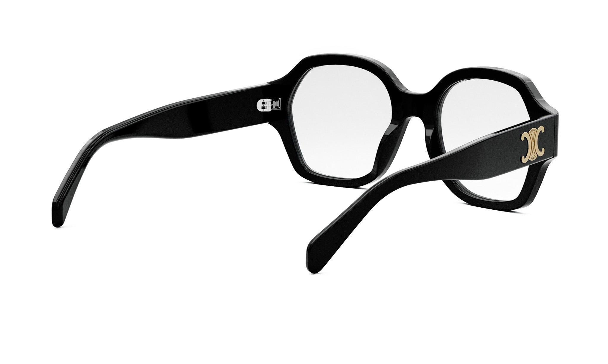 A pair of black-framed glasses with a gold logo on the temple.