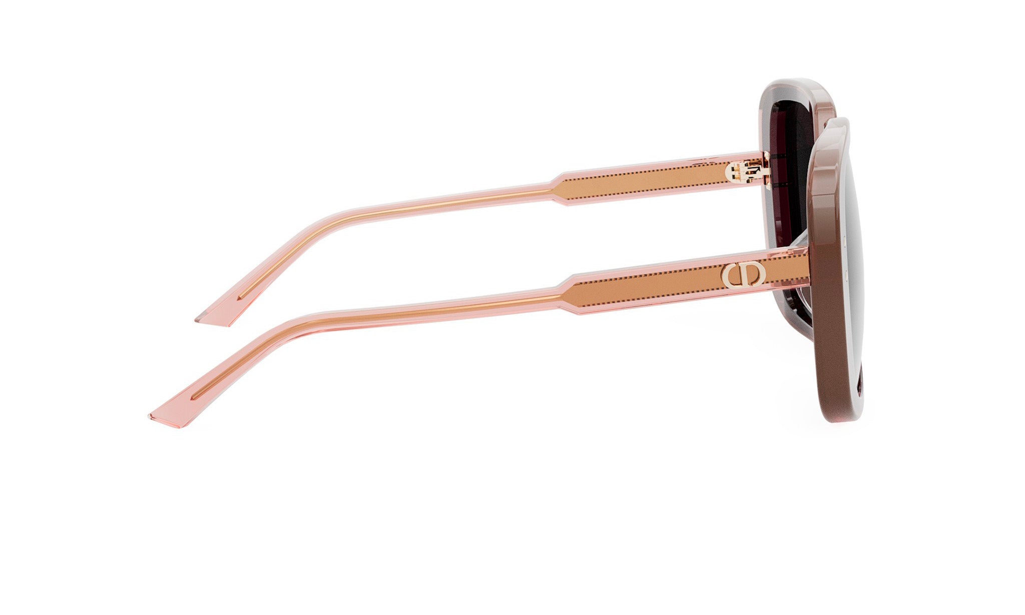 A pair of sunglasses with a brown frame and pink-tinted lenses.