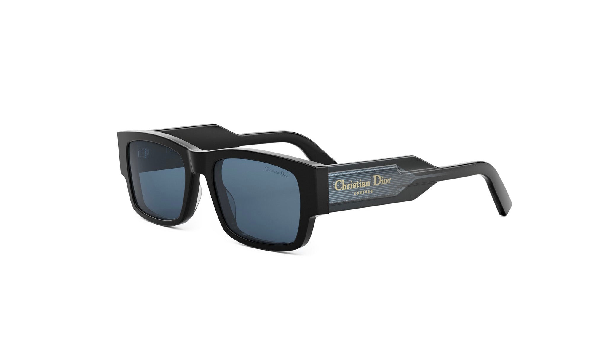 A pair of black sunglasses with the Christian Dior logo on the side.