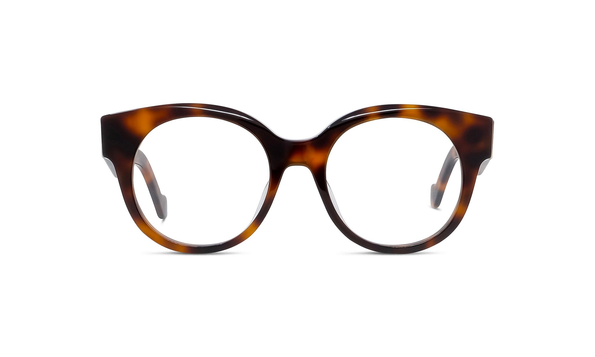 A pair of stylish tortoiseshell-framed glasses with a dark brown frame and clear lenses.