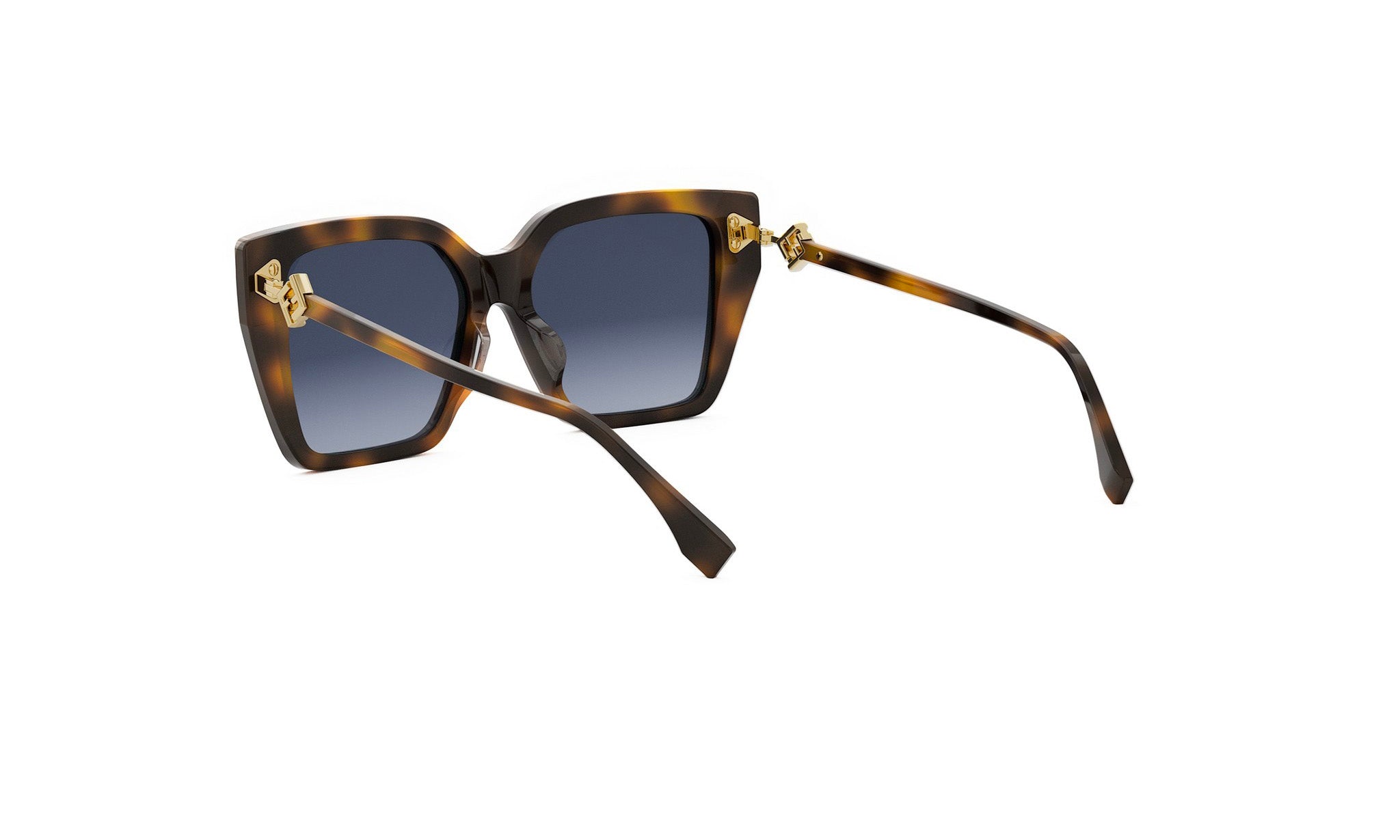 A pair of sunglasses with dark tortoiseshell frames and dark blue lenses.