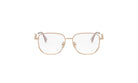A pair of gold-colored, rectangular-framed glasses with clear lenses.