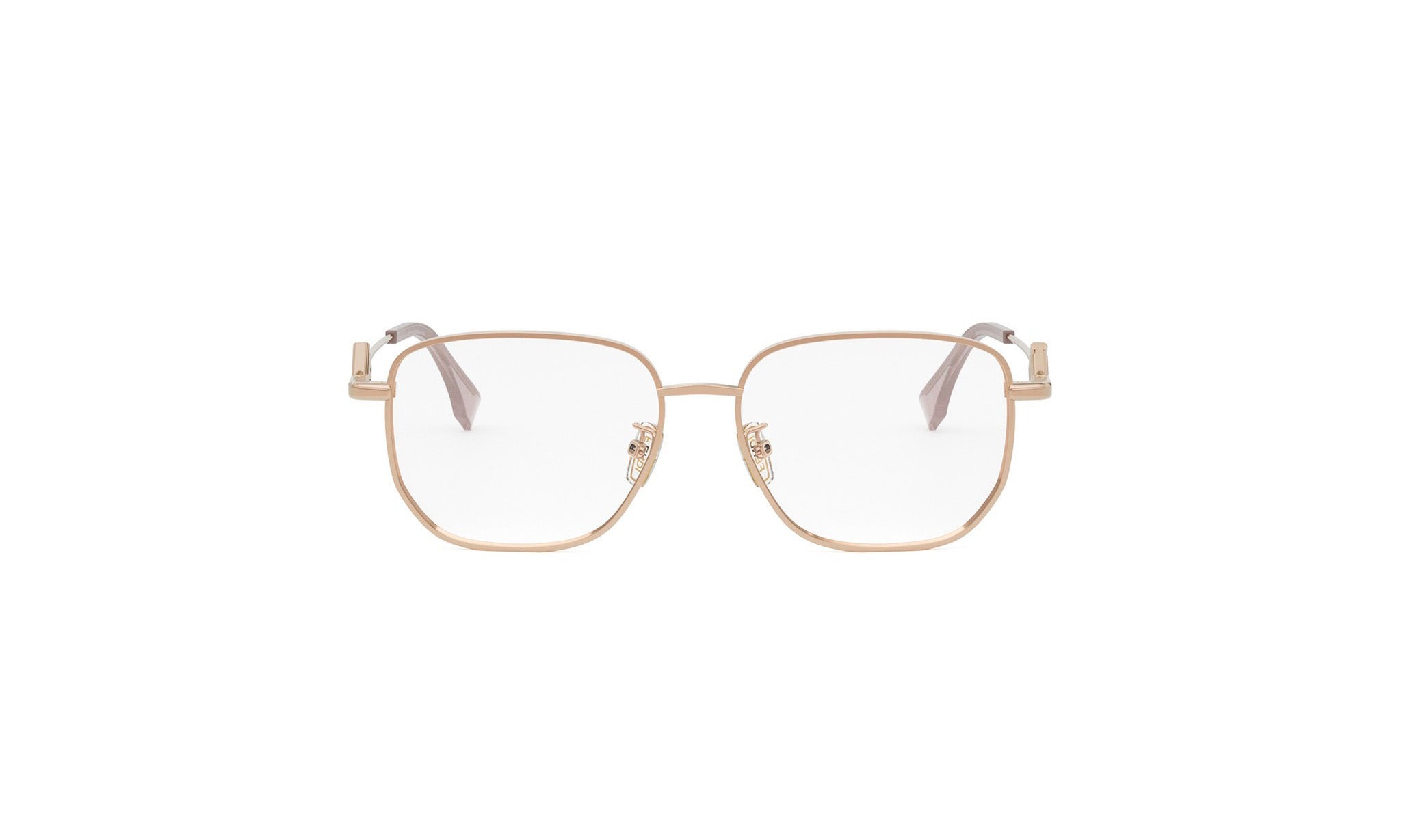 A pair of gold-colored, rectangular-framed glasses with clear lenses.
