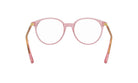 A pair of pink-framed glasses with gold accents, displayed against a white background.