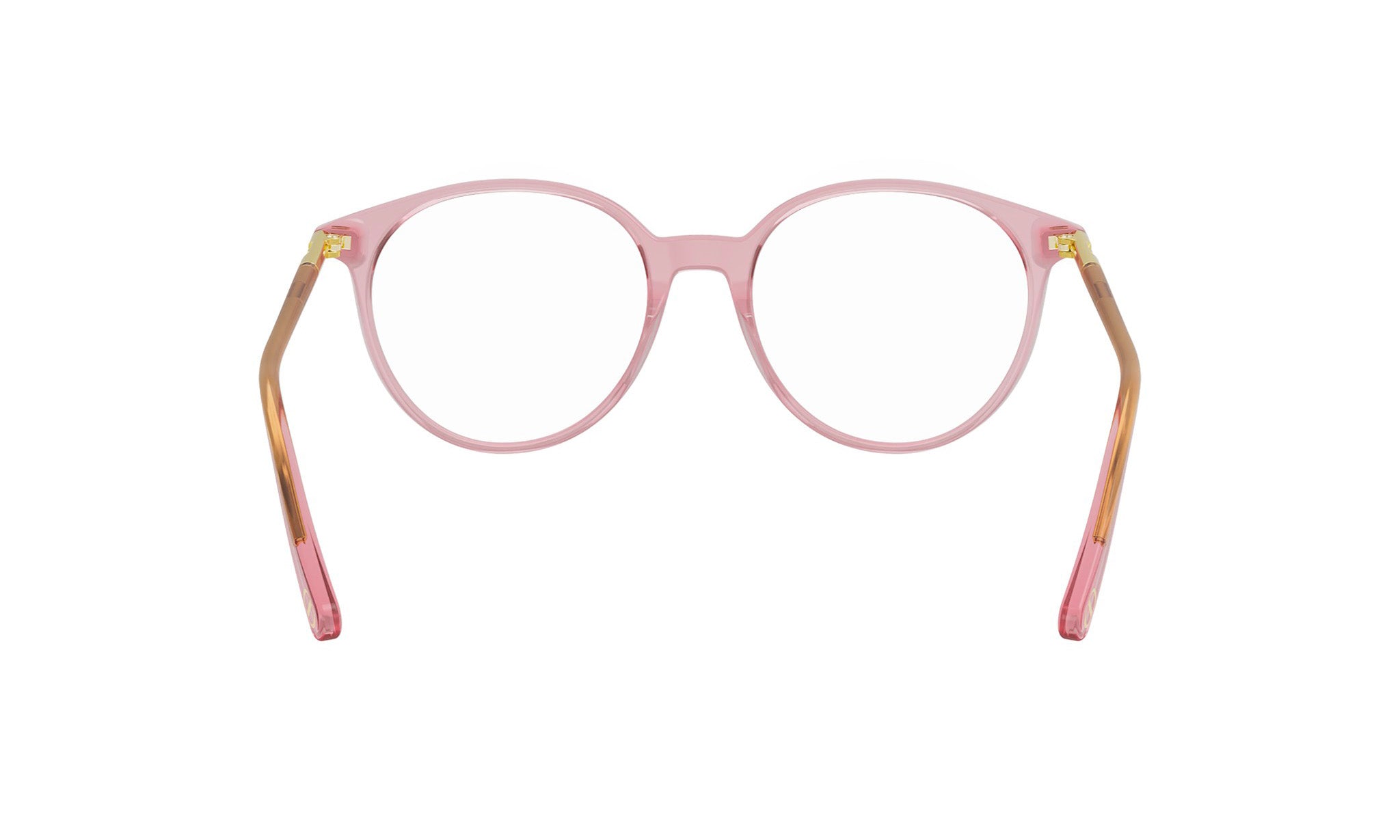 A pair of pink-framed glasses with gold accents, displayed against a white background.