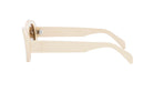 A pair of cream-colored sunglasses with a logo on the frame.