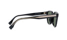 A pair of black sunglasses with a gold-colored frame.