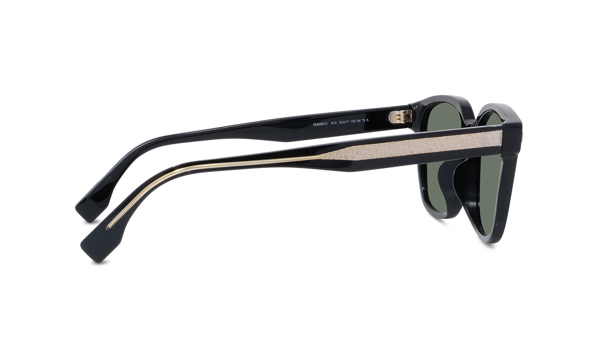A pair of black sunglasses with a gold-colored frame.