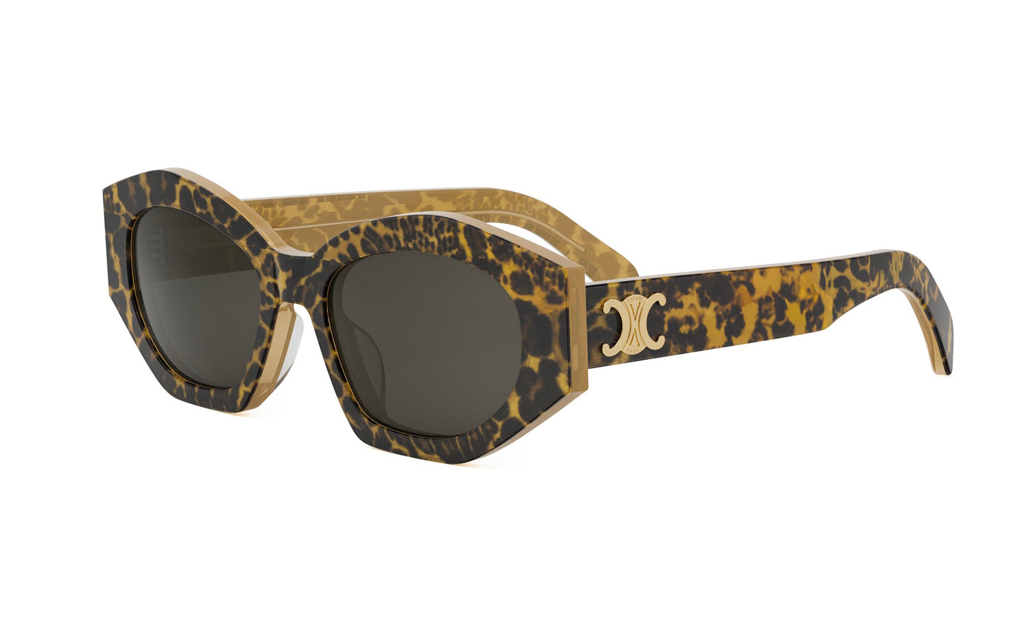A pair of stylish sunglasses with a leopard print frame and dark lenses.