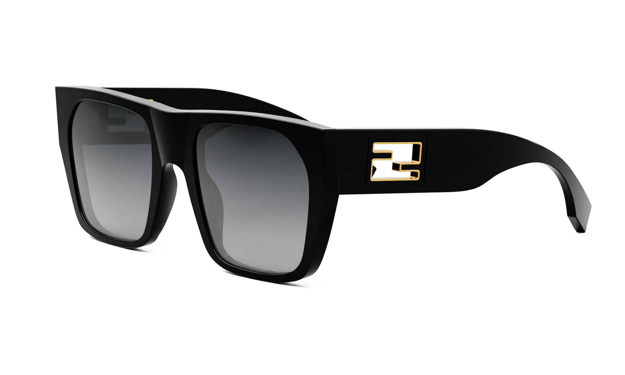 A pair of black sunglasses with a gold logo on the frame.
