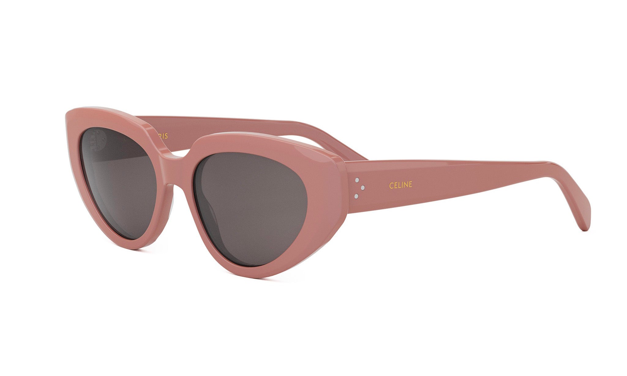 A pair of pink cat-eye sunglasses with dark lenses.