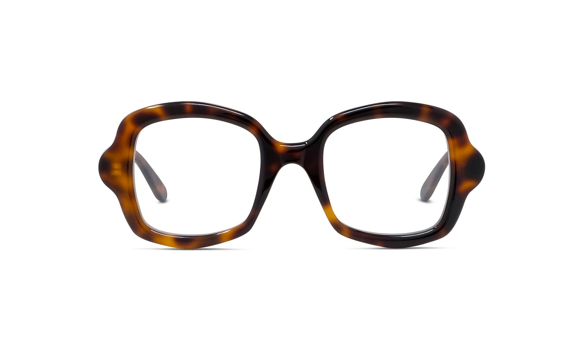 A pair of tortoiseshell-framed glasses with a dark tortoise shell and lighter tortoise shell, set against a white background.