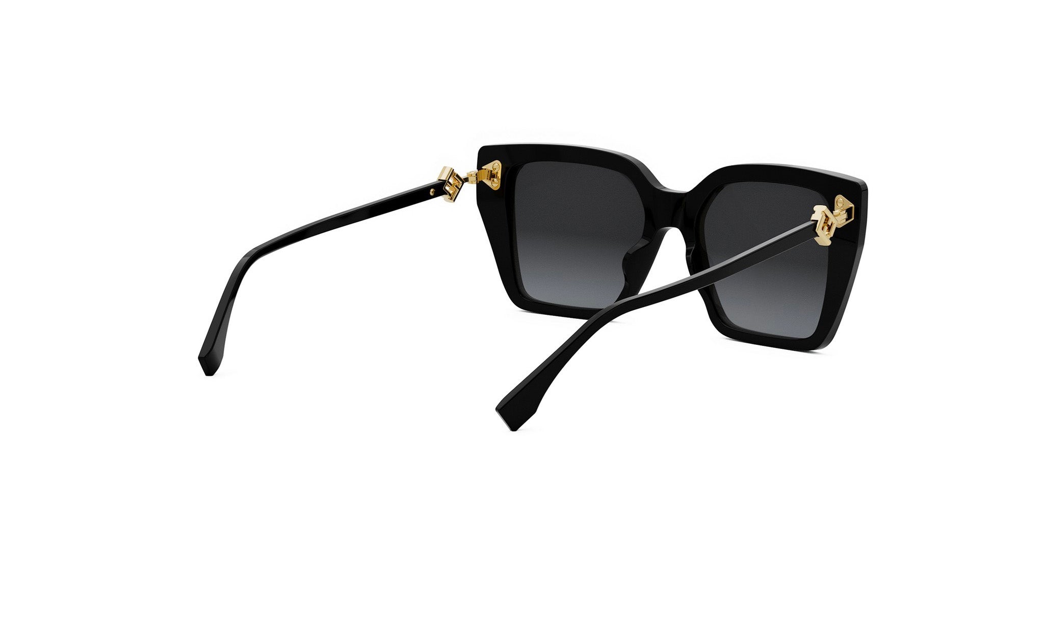 A pair of black sunglasses with gold accents, featuring a square frame and dark lenses.