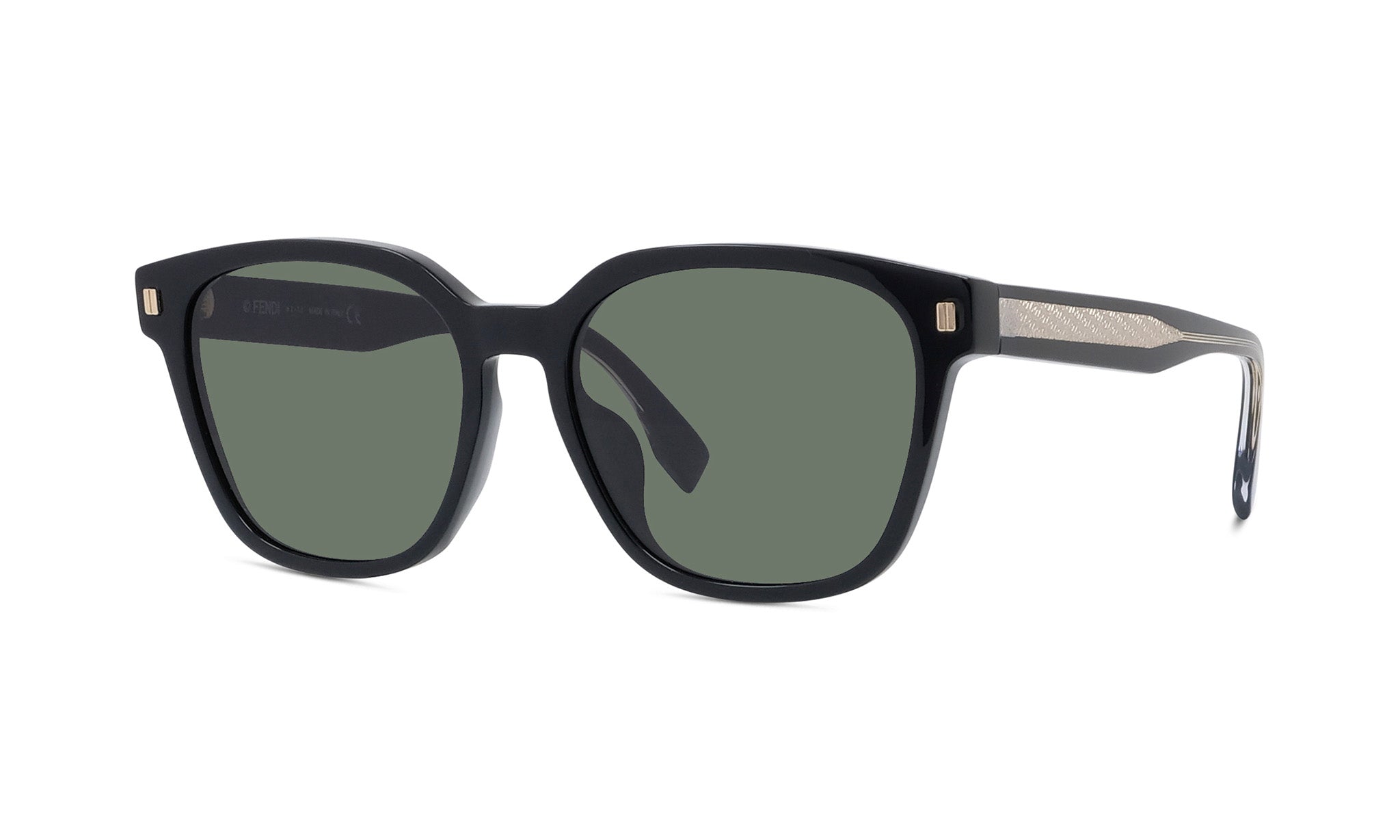 A pair of black sunglasses with dark green lenses.