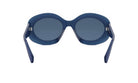 A pair of blue-tinted sunglasses with dark blue lenses.