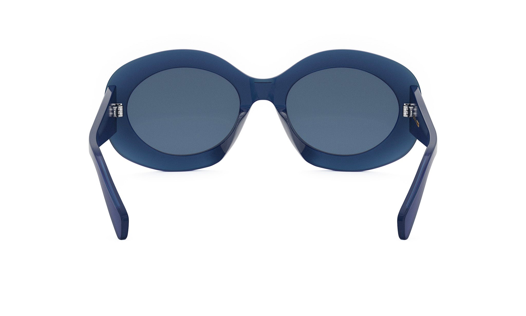 A pair of blue-tinted sunglasses with dark blue lenses.