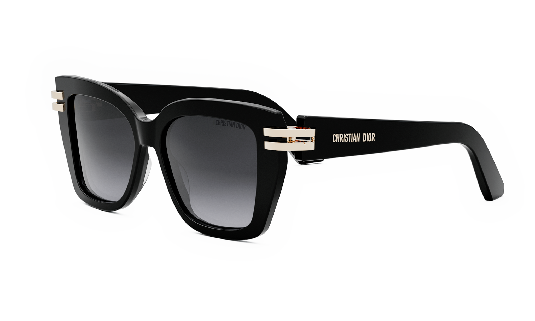 A pair of black Christian Dior sunglasses with gold accents.