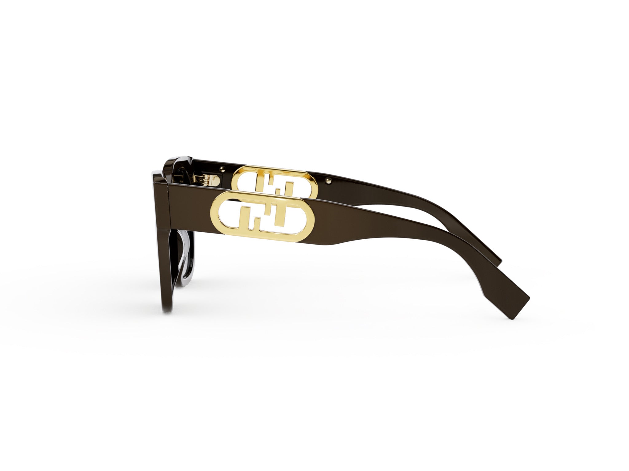 A pair of dark brown sunglasses with a gold logo on the frame.