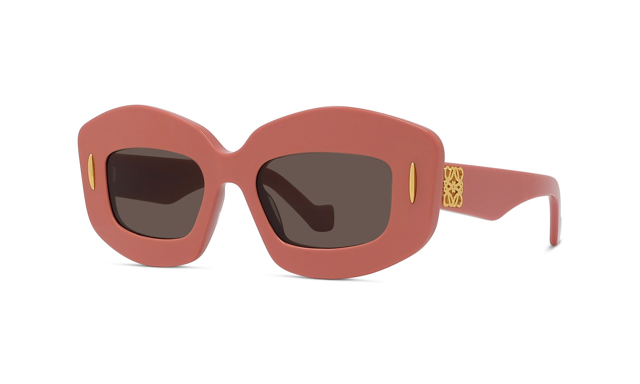 A pair of pink sunglasses with dark lenses.
