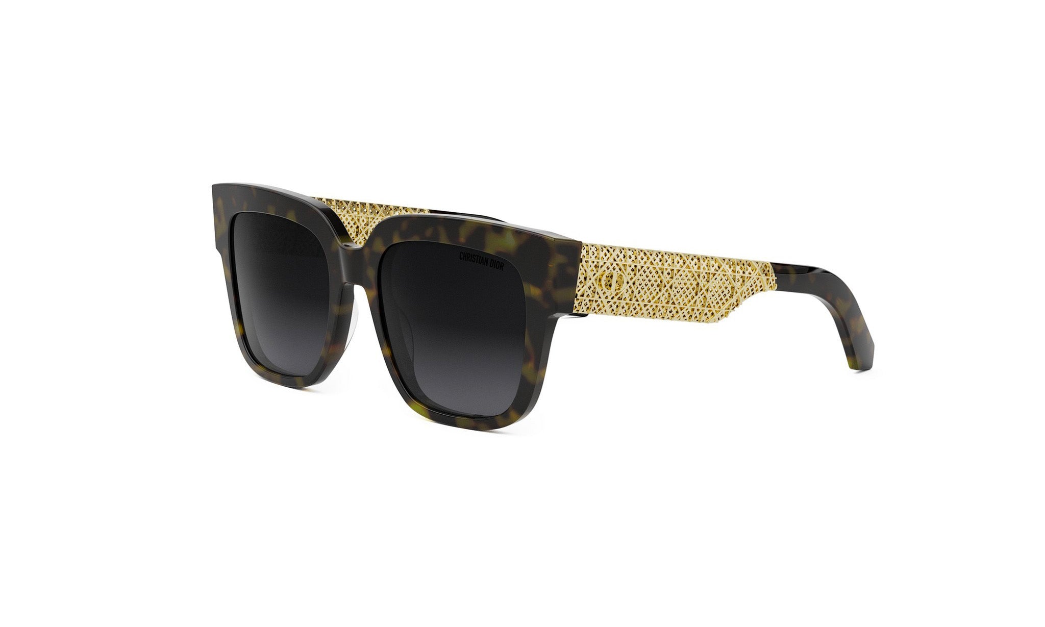 A pair of stylish sunglasses with a gold-colored frame and dark lenses.