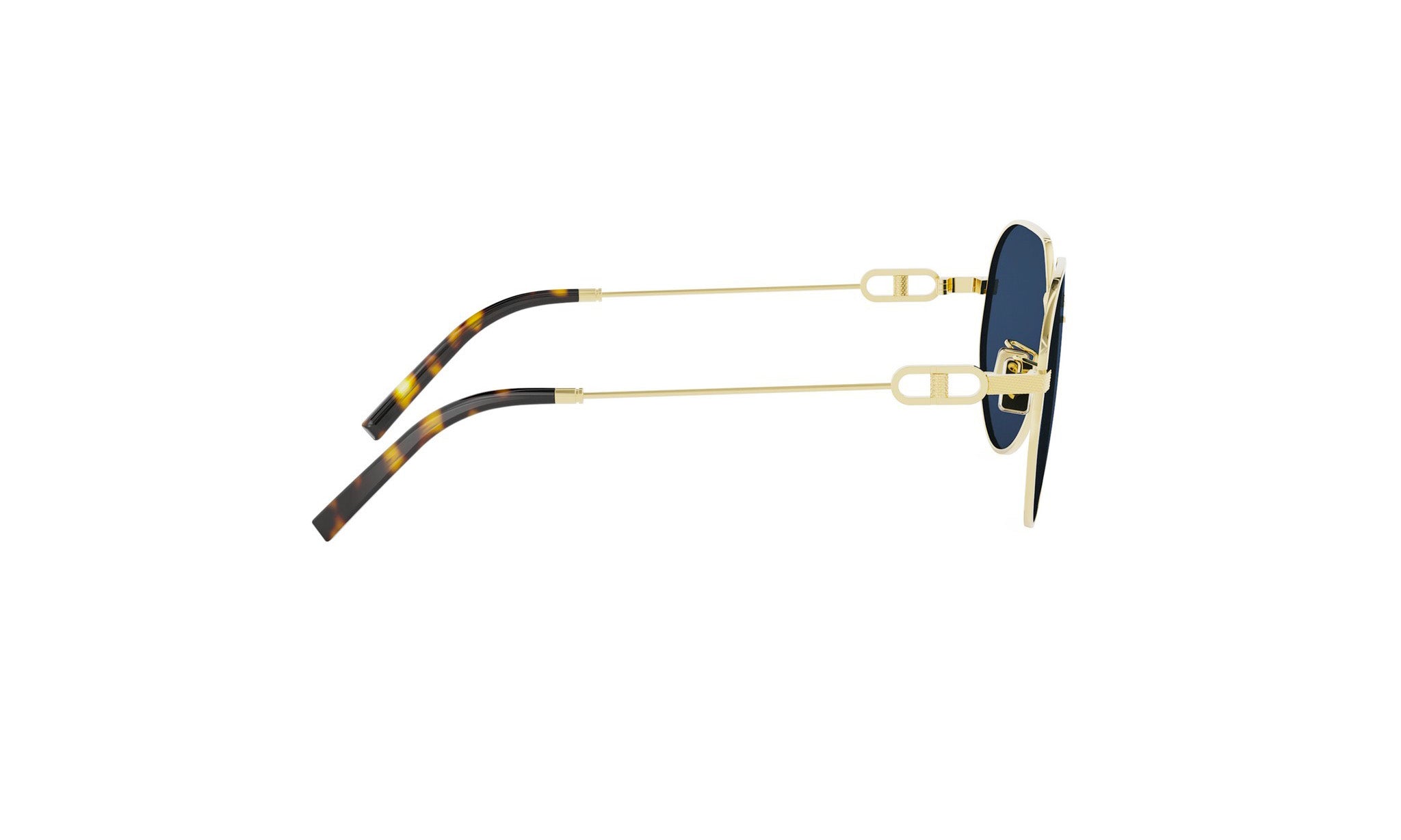 A pair of gold-framed sunglasses with dark blue lenses.