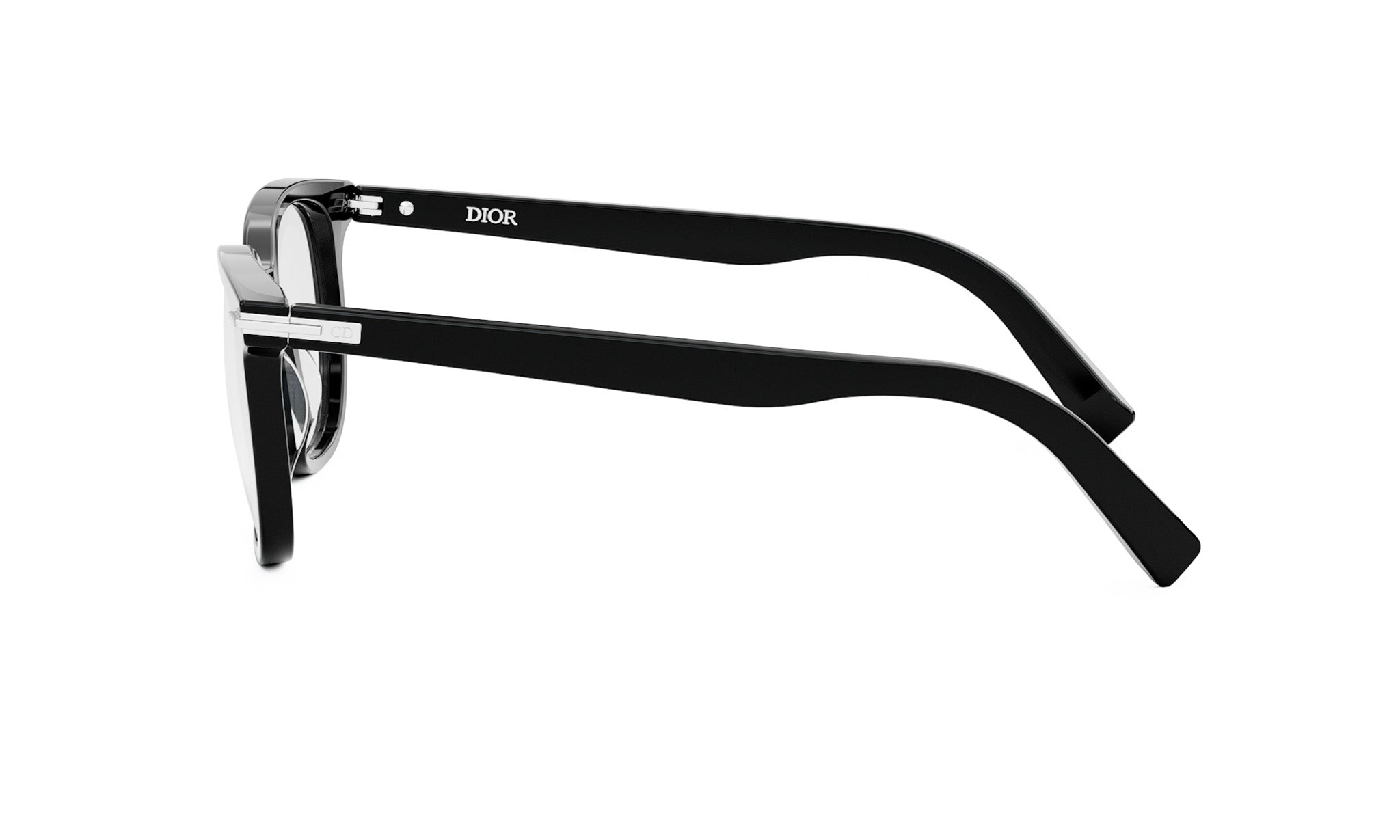 A pair of black-framed glasses with the Dior logo visible on the temples.
