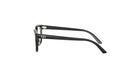 A pair of black-framed glasses with a gold logo on the temples.