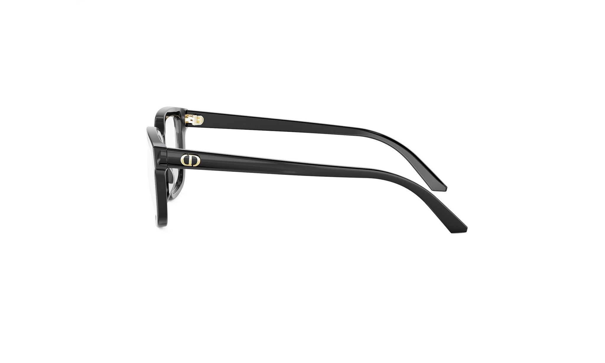 A pair of black-framed glasses with a gold logo on the temples.