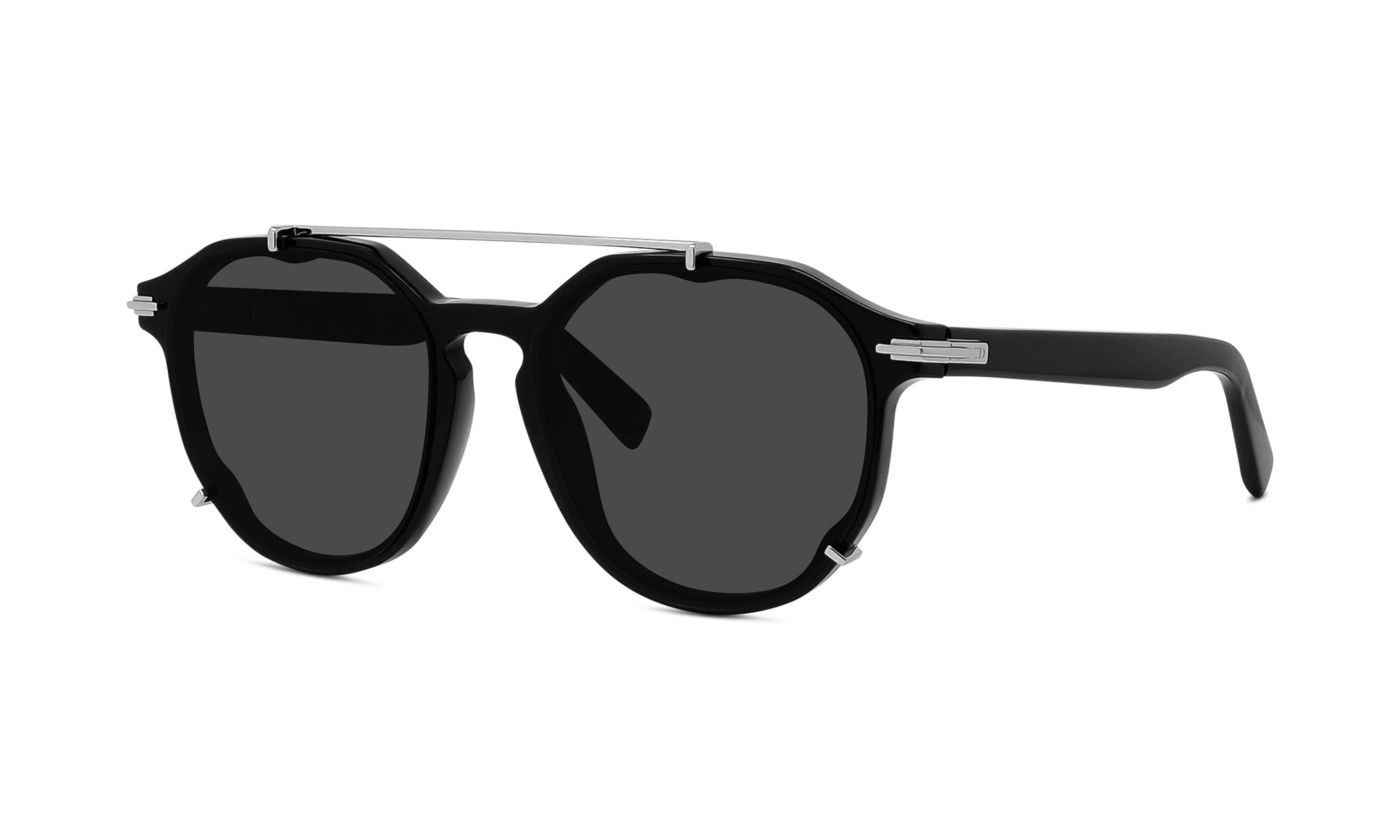 A pair of black sunglasses with a silver frame.