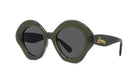 A pair of green, round sunglasses with dark lenses.