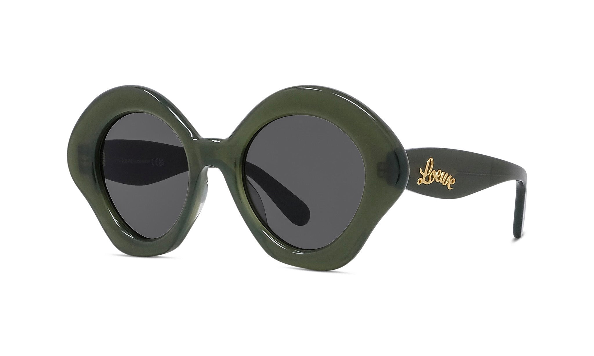 A pair of green, round sunglasses with dark lenses.