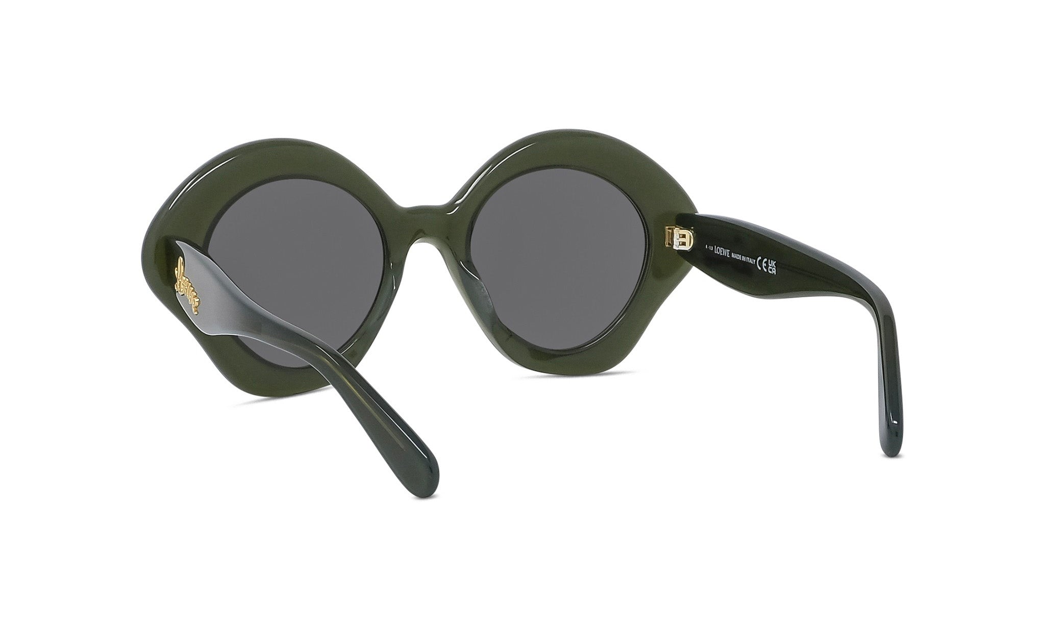 A pair of dark green, round-framed sunglasses with a distinctive design.