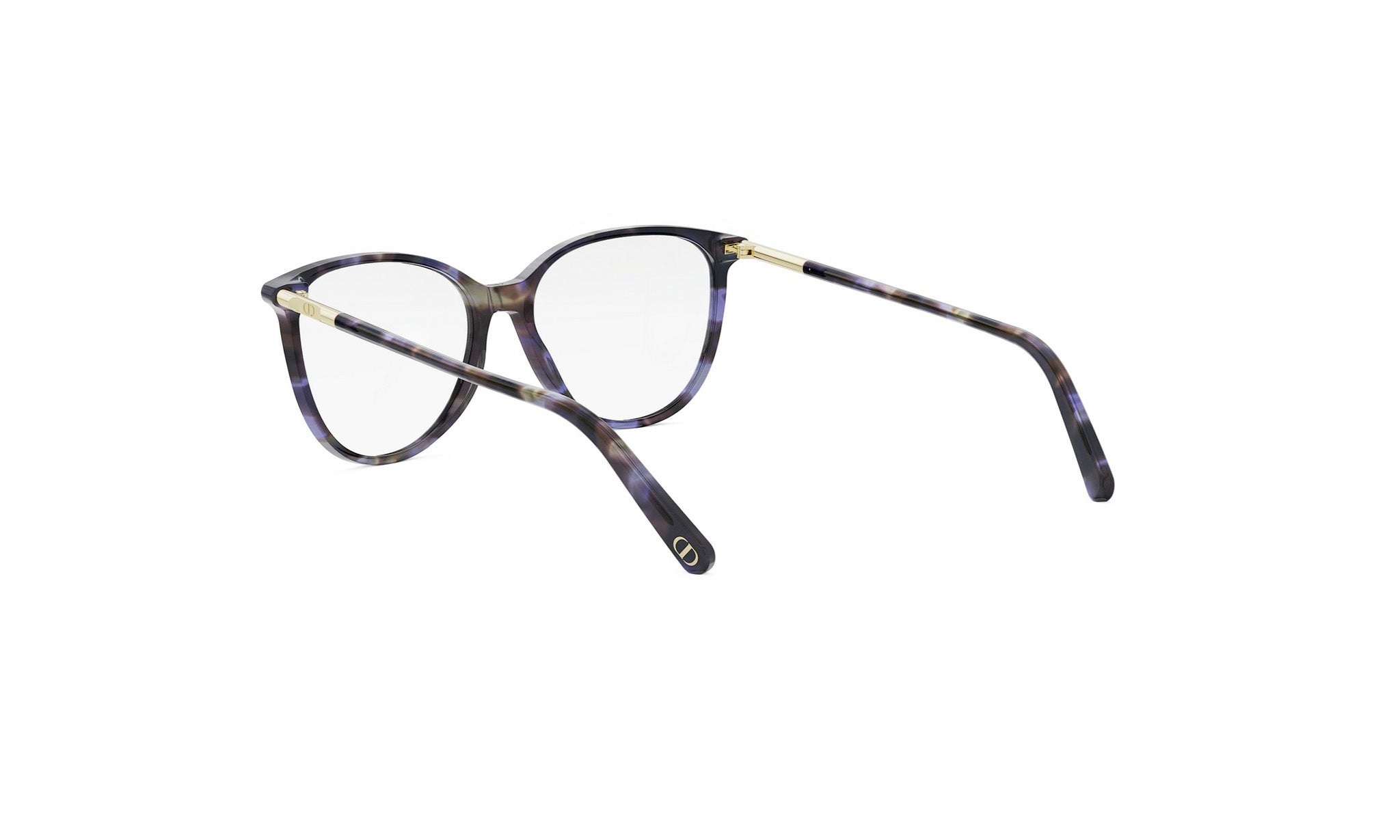 A pair of stylish, tortoiseshell-framed glasses with a dark blue and black color scheme.
