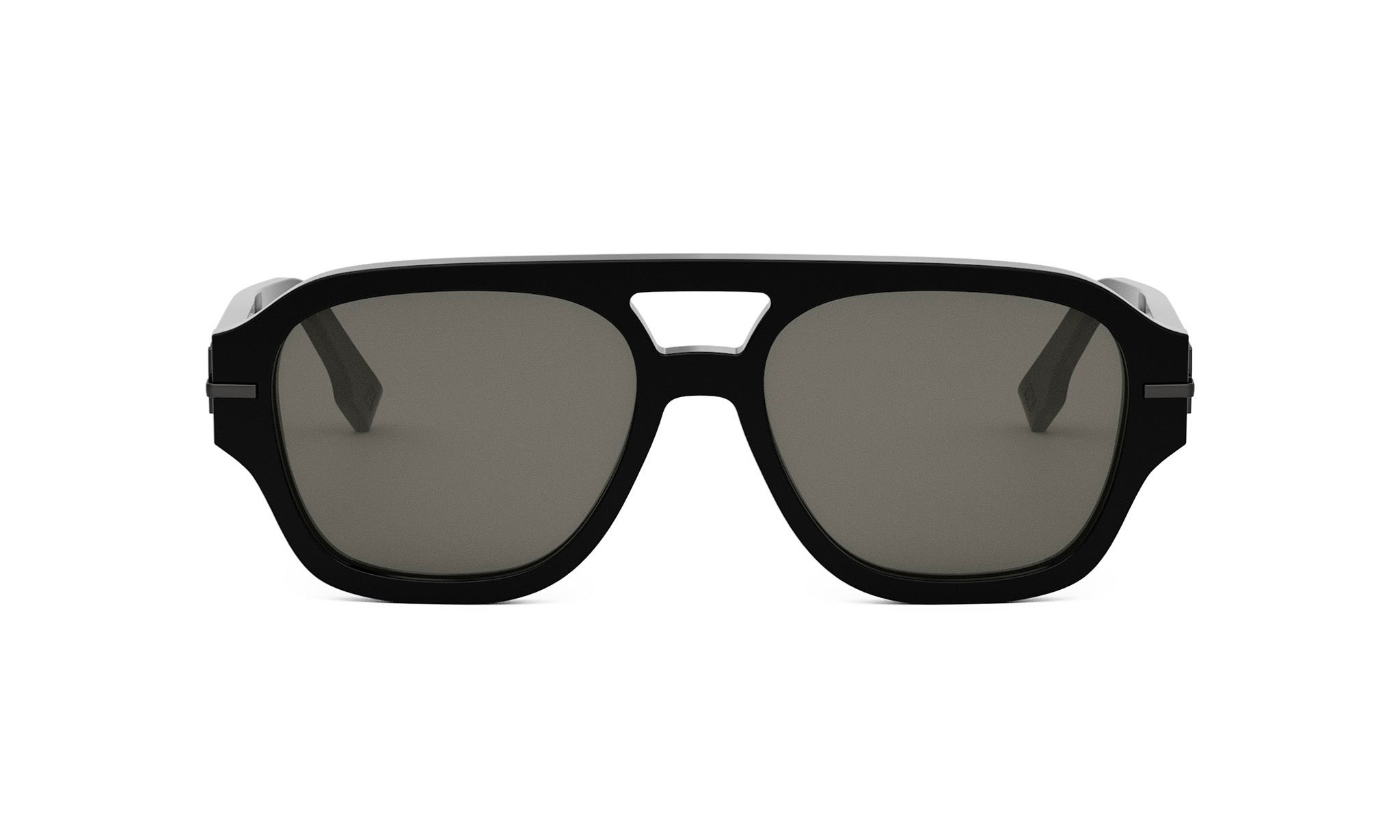 A pair of black aviator sunglasses with dark lenses.