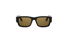 A pair of black sunglasses with brown lenses is shown against a white background.