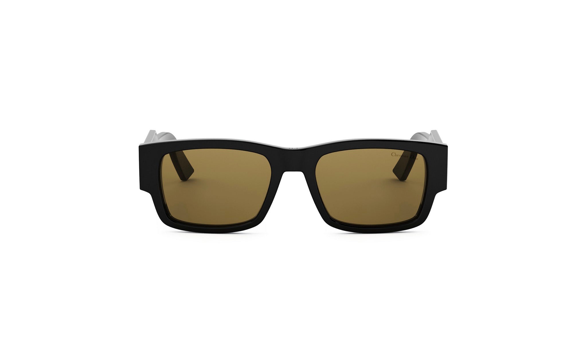 A pair of black sunglasses with brown lenses is shown against a white background.
