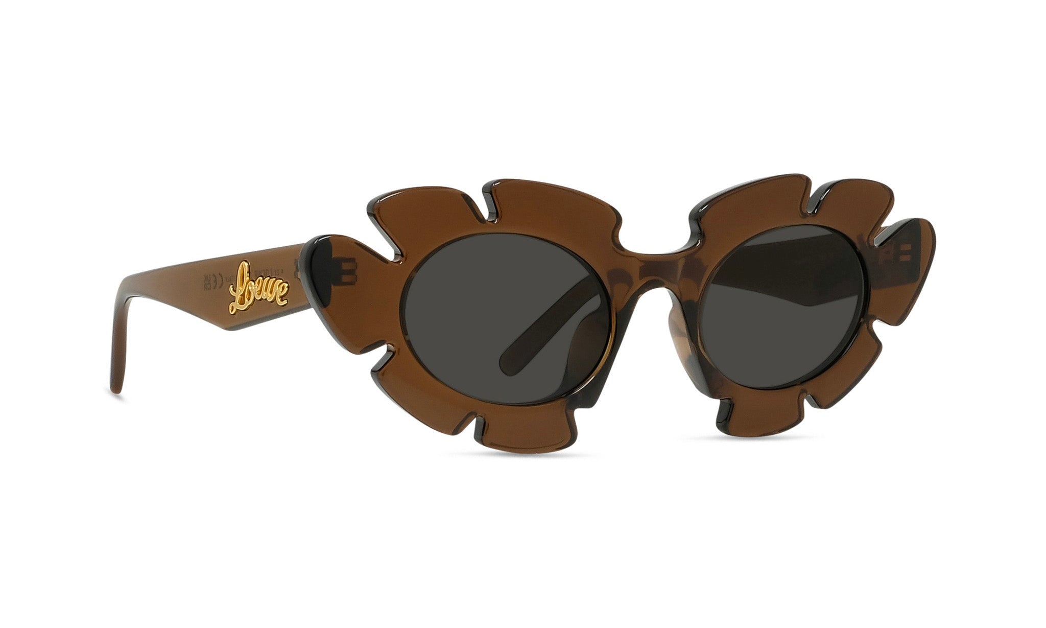 Brown sunglasses with a unique, flower-like frame design.